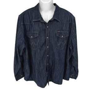 Wrangler Denim Western Shirt Mens XXL Indigo Blue Pearl Snap Rockabilly Cowboy